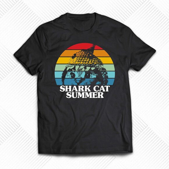 Shark Cat Summer Beach Vibes Graphic Animal Humor Funny Casual T-Shirt 159 - Picture 1 of 5